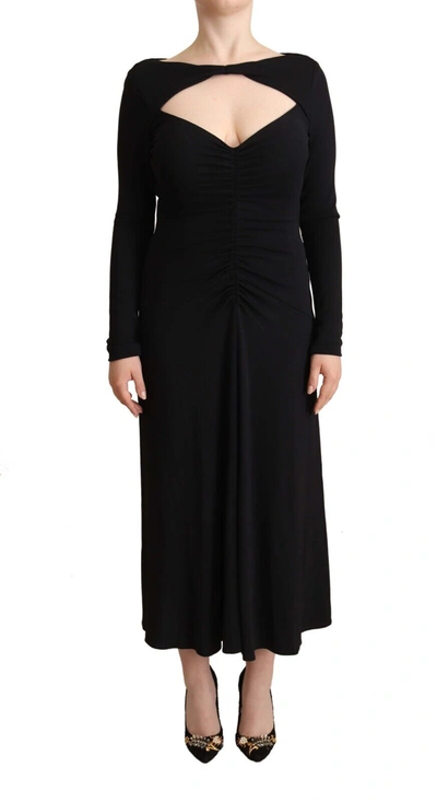 Pinko Black Nylon Stretch Long Sleeves Deep V-neck Maxi Dress