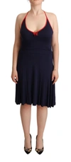 ROCCOBAROCCO ROCCOBAROCCO NAVY BLUE SLEEVELESS HALTER SHEATH MIDI WOMEN'S DRESS