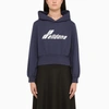 We11 Done Solid Color Cropped Hoodie With Printed Logo In Blue