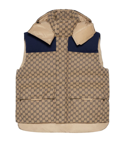 Gucci Gg Canvas Down Vest With Detachable Hood In Beige,blue