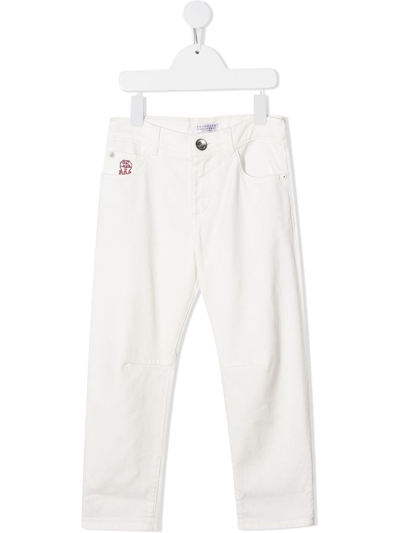 Brunello Cucinelli Kids' White Jeans With Logo In Bianco