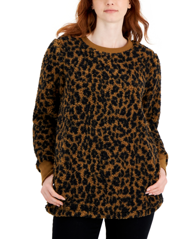 Style & Co Petite Printed Sherpa Tunic Sweatshirt, Created For Macy's In Caramel Animal