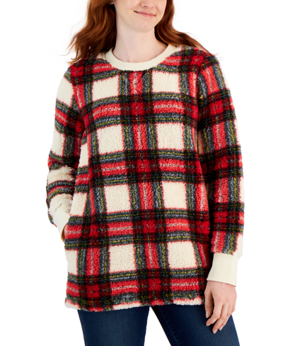 Style & Co Women's Printed Crewneck Fleece Tunic, Created For Macy's In White Plaid