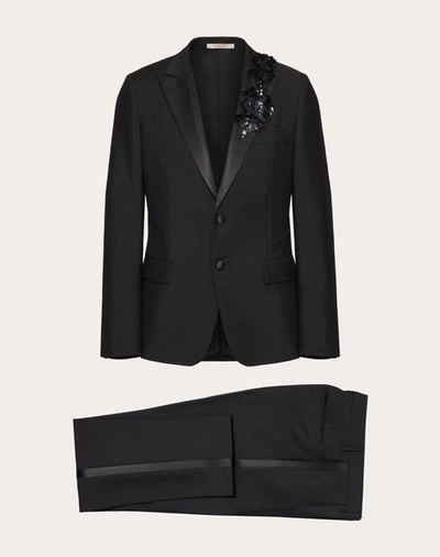 Valentino Wool Dinner Suit With Embroidered Floral Patch In Black
