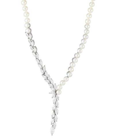 Arabella Cultured Freshwater Button Pearl (4 - 9-1/2mm) & Cubic Zirconia 17" Lariat Necklace In Sterling Silver