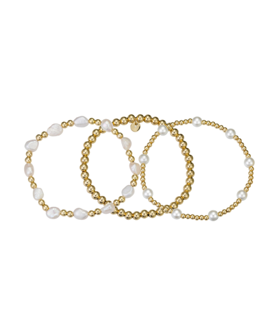 Unwritten 14k Gold Flash Plated Brass Fresh Water Imitation Pearl Oval Beaded Stretch Bracelet Trio Set, 3 Pie
