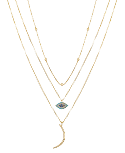 Unwritten 14k Gold Flash Plated Brass Cubic Zirconia Evil Eye Beaded Moon Layered Necklace Trio With Extenders