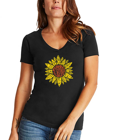 La Pop Art Women's Sunflower Word Art V-neck T-shirt In Black