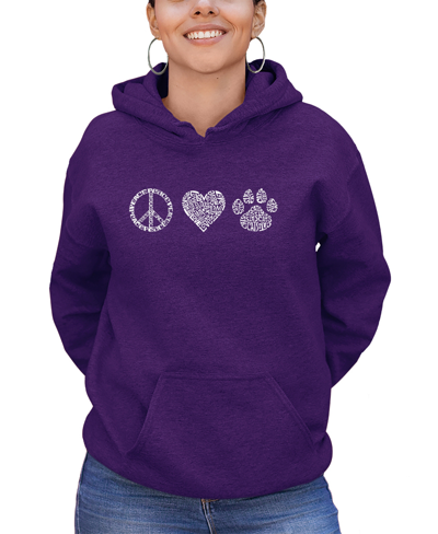 La Pop Art Women's Peace Love Cats Word Art Hooded Sweatshirt In Purple