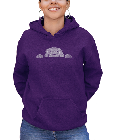 La Pop Art Women's Word Art Peeking Cat Hooded Sweatshirt In Purple