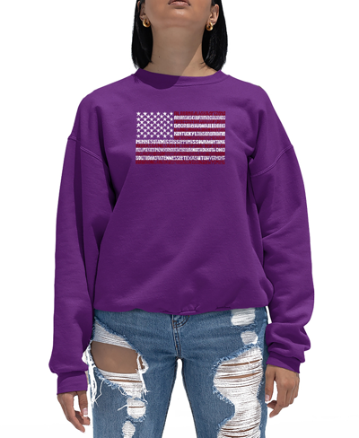 La Pop Art Women's Fireworks American Flag Word Art Crewneck Sweatshirt In Purple