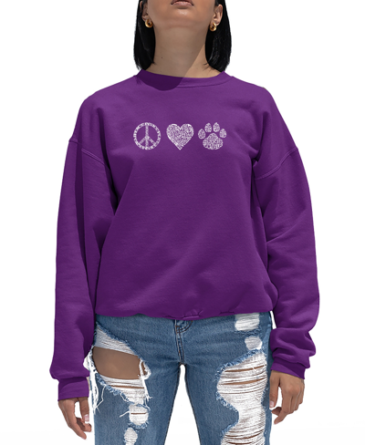 La Pop Art Women's Peace Love Cats Word Art Crewneck Sweatshirt In Purple