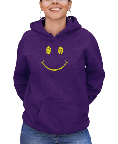 La Pop Art Women's Be Happy Smiley Face Word Art Hooded Sweatshirt In Purple