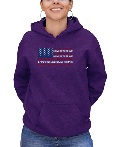 La Pop Art Women's Land Of The Free American Flag Word Art Hooded Sweatshirt In Purple