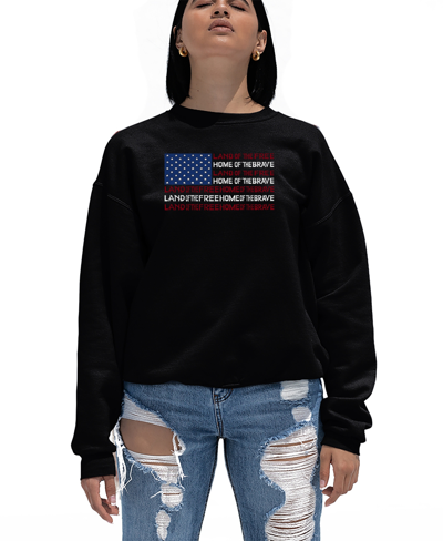 La Pop Art Women's Land Of The Free American Flag Word Art Crewneck Sweatshirt In Black