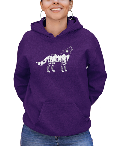 La Pop Art Women's Howling Wolf Word Art Hooded Sweatshirt In Purple