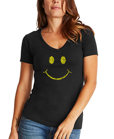 La Pop Art Women's Be Happy Smiley Face Word Art V-neck T-shirt In Black