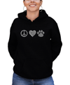 LA POP ART WOMEN'S PEACE LOVE CATS WORD ART HOODED SWEATSHIRT