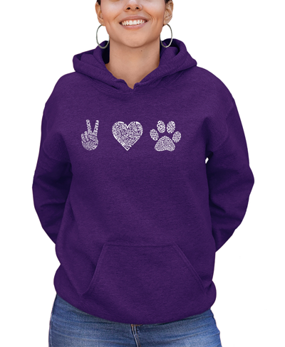 La Pop Art Women's Peace Love Dogs Word Art Hooded Sweatshirt In Purple