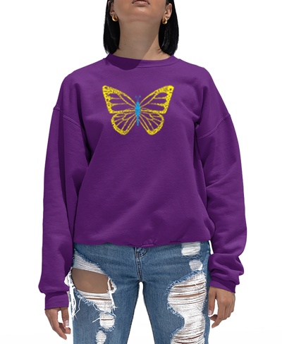La Pop Art Women's Butterfly Word Art Crewneck Sweatshirt In Purple