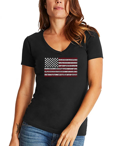 La Pop Art Women's 50 States Usa Flag Word Art V-neck T-shirt In Black
