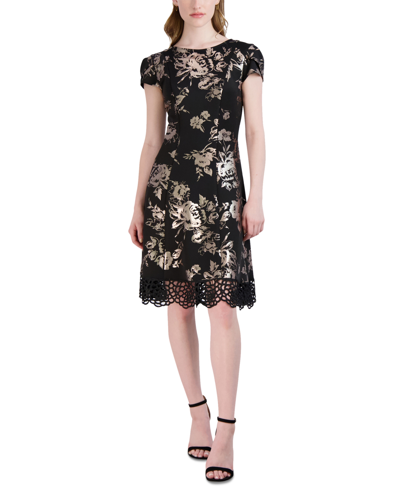 Donna Ricco Women's Tulip-sleeve Lace-hem Fit & Flare Dress In Black/gold