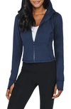 90 Degree By Reflex Cropped Zip Up Hooded Jacket In Ocean Silk