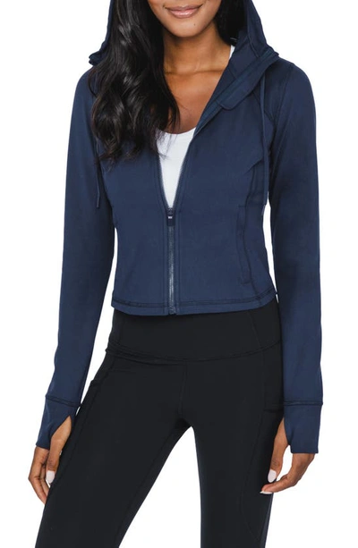 90 Degree By Reflex Cropped Zip Up Hooded Jacket In Ocean Silk