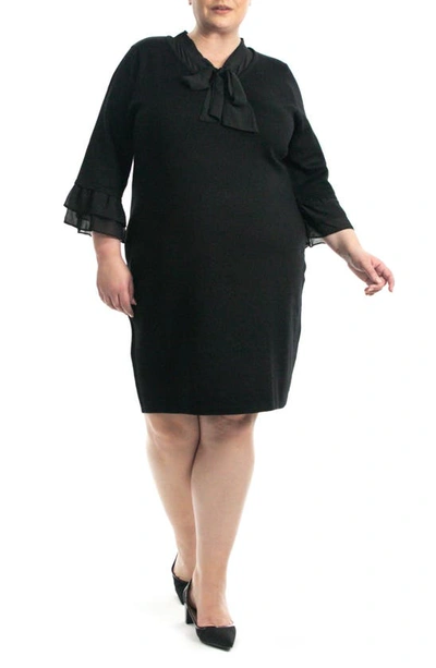 Nina Leonard Three-quarter Sleeve Bow Tie Sweater Dress In Black/ Black