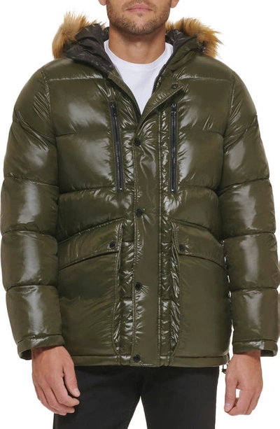 Guess Faux Fur Trim Hooded Puffer Jacket In Army Green | ModeSens