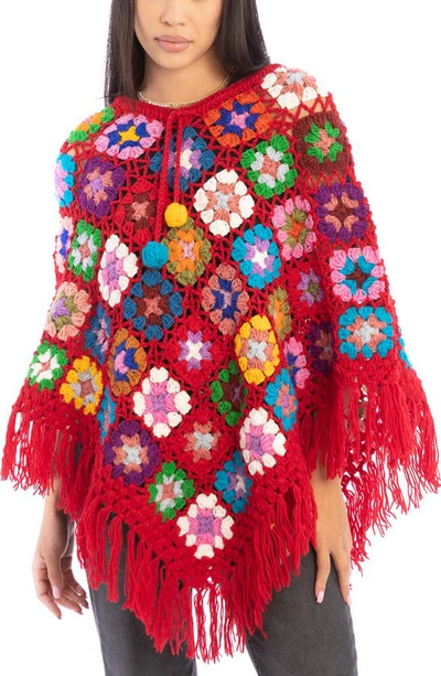 Saachi Crochet Knit Triangle Poncho In Red