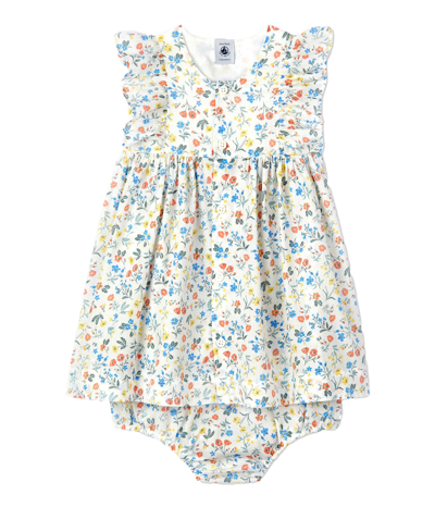 Petit Bateau Babies' Floral Print Dress And Culotte In Bianco