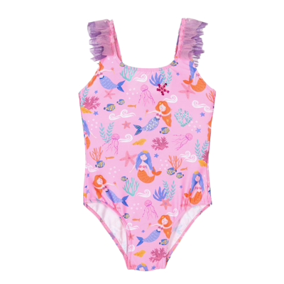 Selini Action Kids' One-piece Swimsuit With Ruffles And Sequins In Rosa