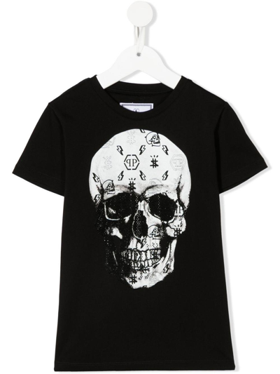 Philipp Plein Junior Kids' Logo Skull Print Crew-neck T-shirt In Nero