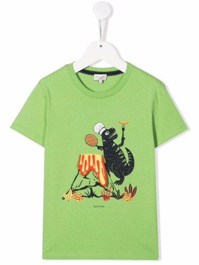 Paul Smith Junior Kids' T-shirt With Dinosaur And Volcano Print In Verde