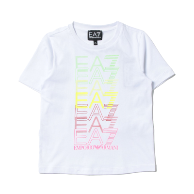 Ea7 Kids'  Cotton T-shirt With Logo Print In Bianco