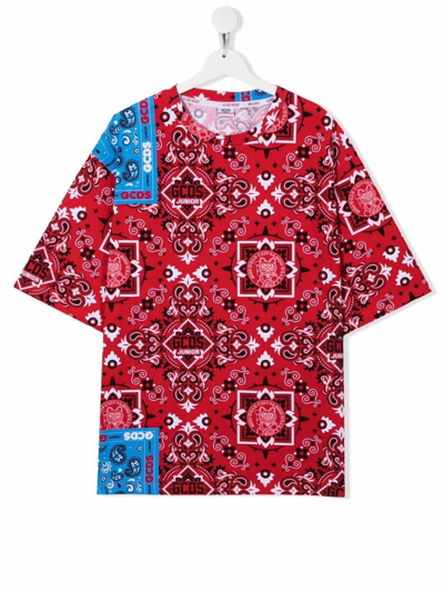 Gcds Mini Kids' T-shirt With Bandana Print In Rosso