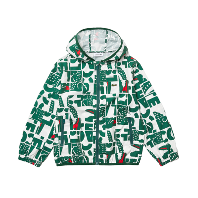 Lacoste Kids' Waterproof Jacket With All-over Logos In Verde