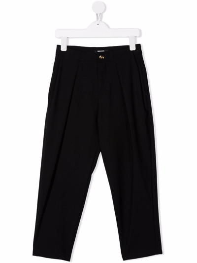 Balmain Kids' Wide Leg Trousers With Golden Button In Nero