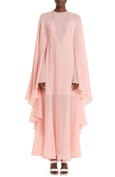 St John Ruffle Long Sleeve Silk Georgette Gown In Pink