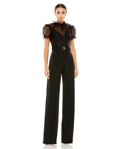 Ieena For Mac Duggal Belted Illusion High Neck Cap Sleeve Jumpsuit In Black