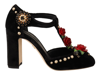 DOLCE & GABBANA DOLCE & GABBANA BLACK MARY JANE PUMPS ROSES CRYSTALS WOMEN'S SHOES