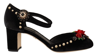 Dolce & Gabbana Black Velvet Roses Ankle Strap Pumps Shoes