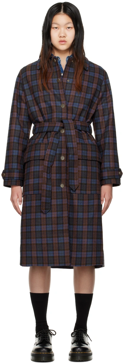 A.p.c. Check Pattern Belted Coat In Blue