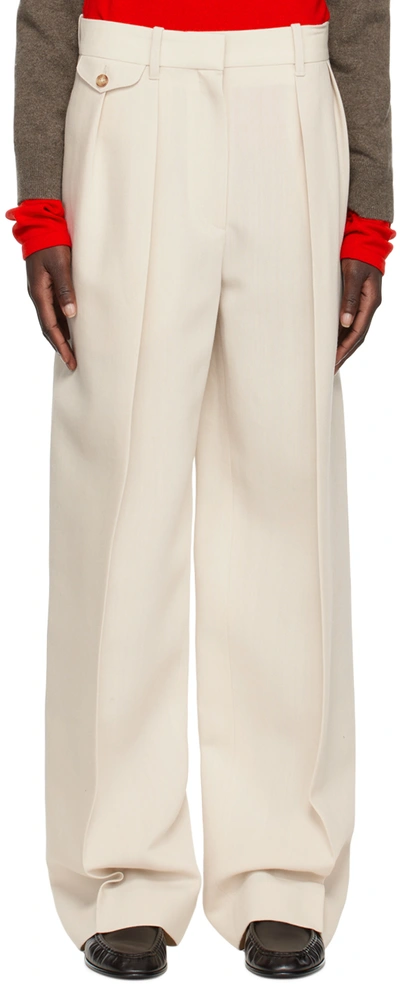 The Row Marcelina Pleated Wool And Silk-blend Wide-leg Pants In Eggshell