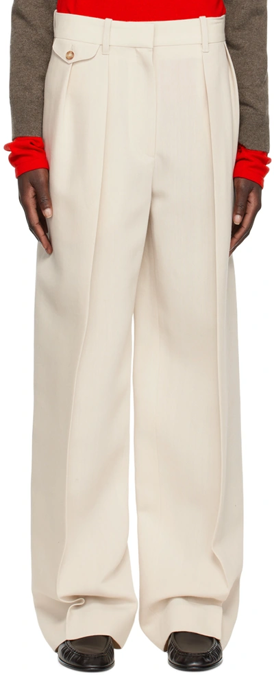 The Row Marcelina Pleated Wool And Silk-blend Wide-leg Pants In Egg Eggshell