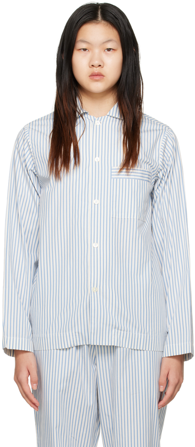 Tekla White & Blue Long Sleeve Pyjama Shirt In Placid Stripes