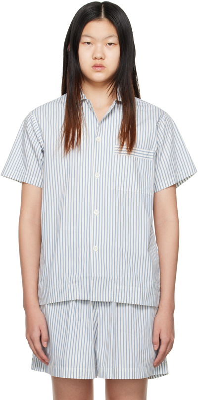 Tekla Blue & White Oversized Pyjama Shirt In Placid Stripes