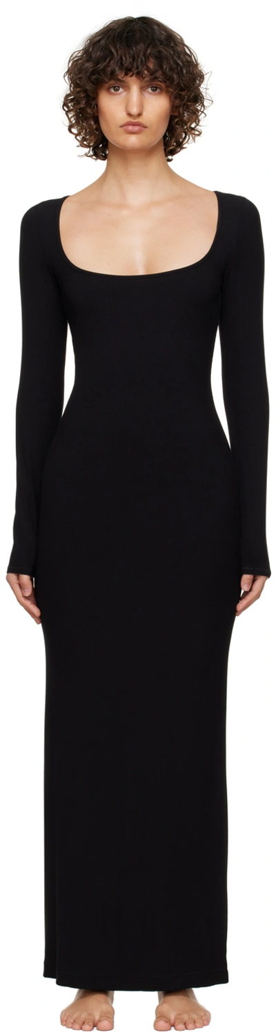 Skims Black Soft Lounge Rib Long Sleeve Dress In Onyx