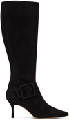Manolo Blahnik Bayhi Suede Buckle Mid Boots In 15 Blck